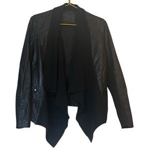 Faux Leather Jacket Women Small Black Waterfall Moto Ribbed Draped Minimalist